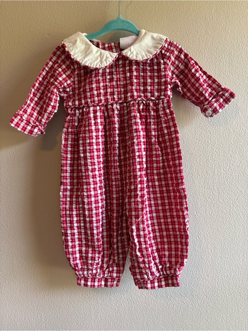 Stitchy Fish Red Gingham Baby One-Piece with White Collar